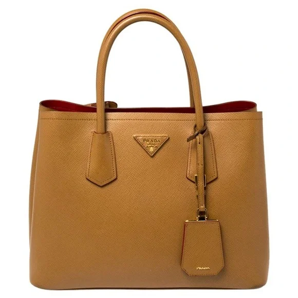 Prada Bags Prada Saffiano Medium Leather Double Bag In Tan With Red Interior Poshmark